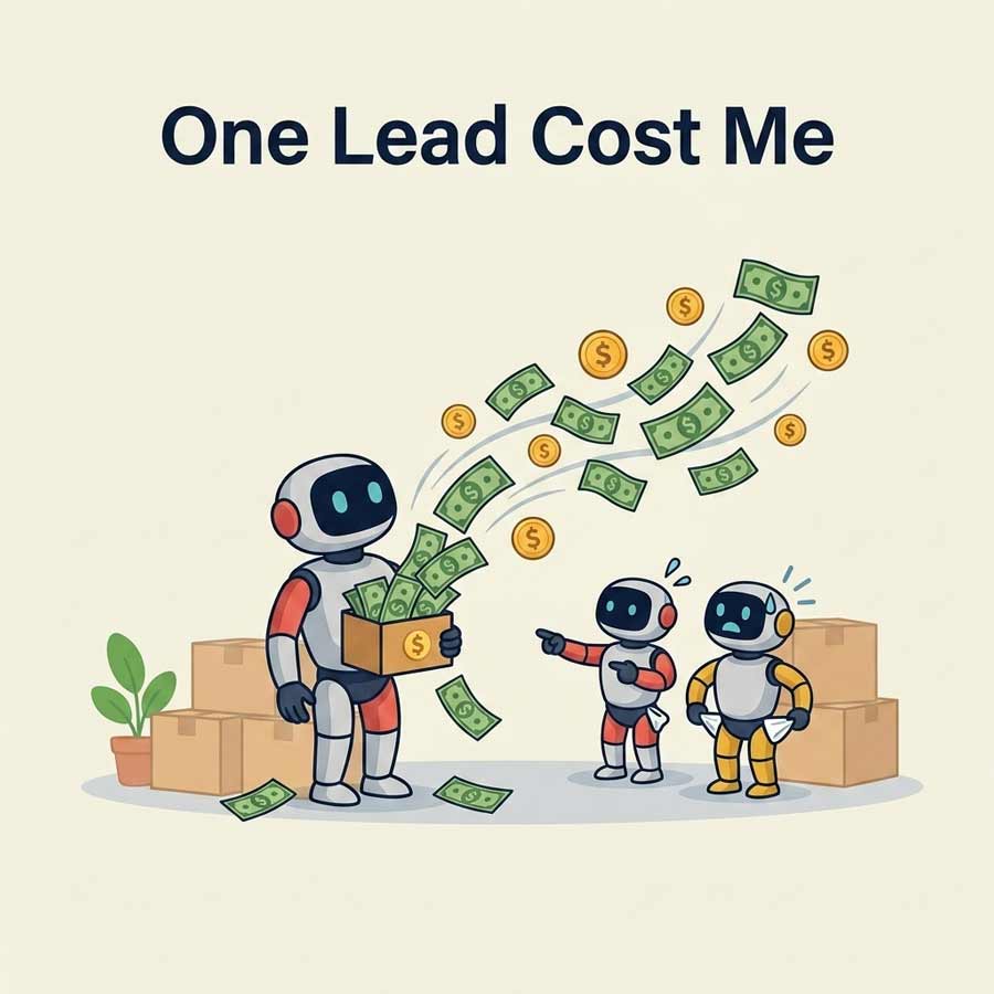 Illustration of a robot losing money from a box while two smaller robots look on with empty pockets