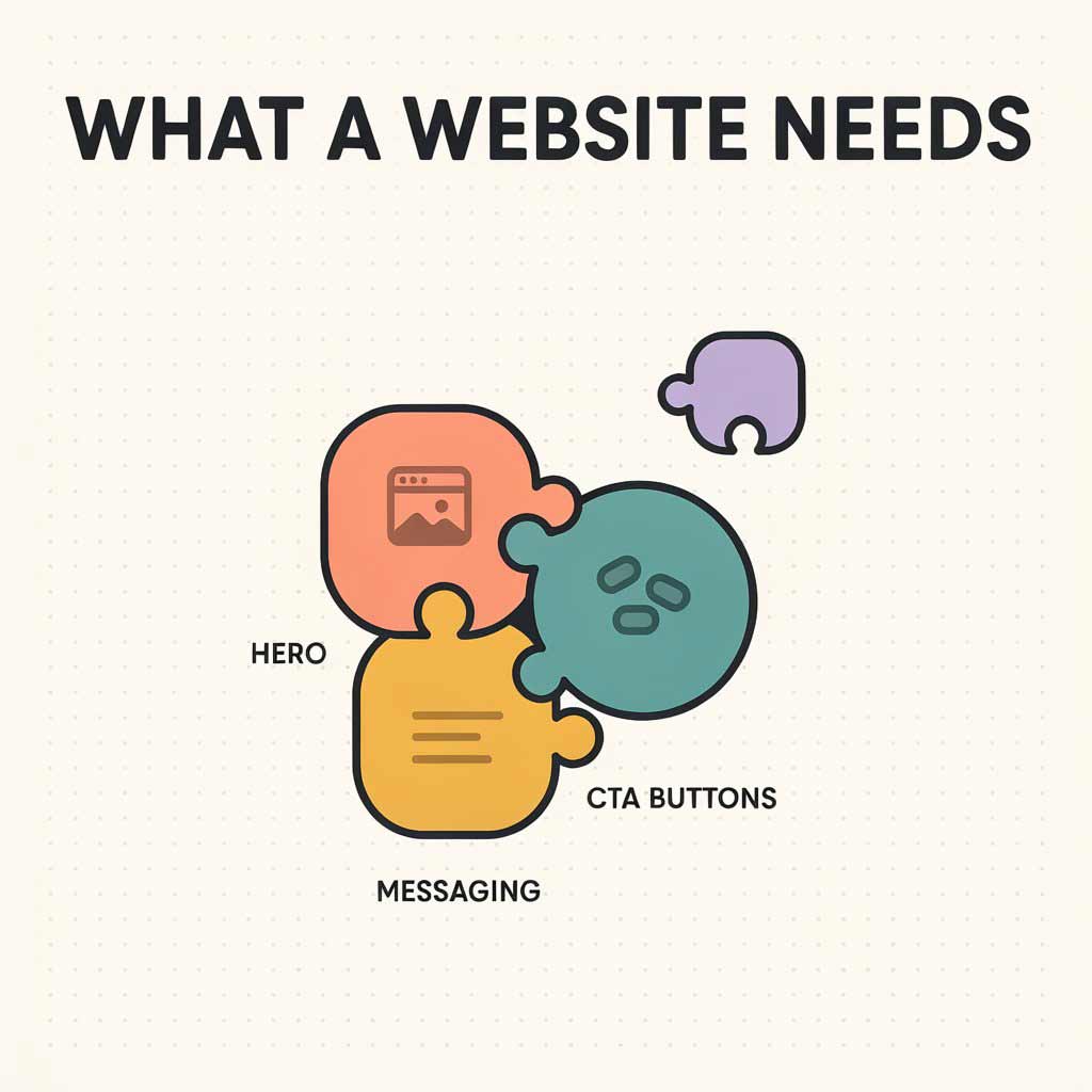 Illustration of the core pieces a new HVAC company's website needs: hero, messaging, and CTA buttons