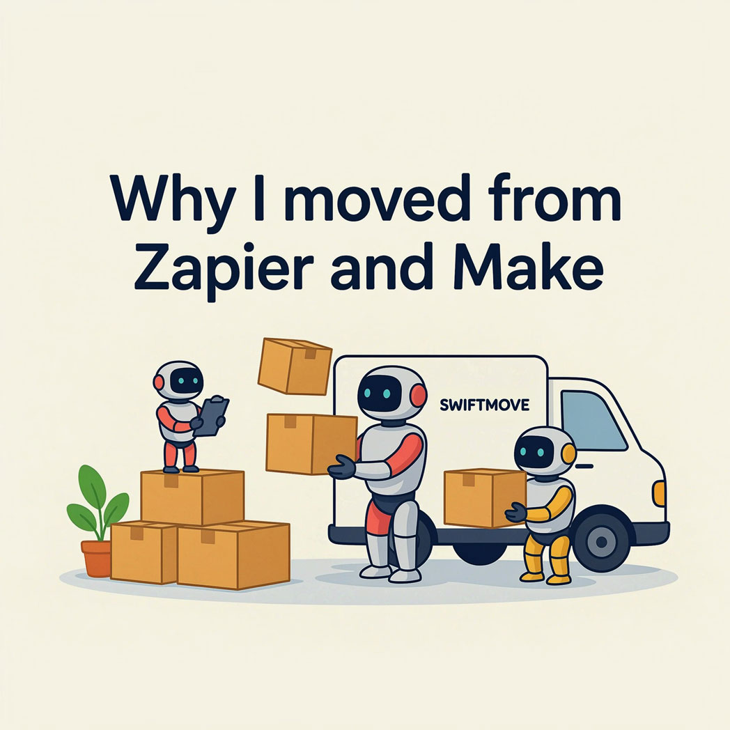Illustration of robots moving boxes into a truck, representing moving workflows off Zapier and Make
